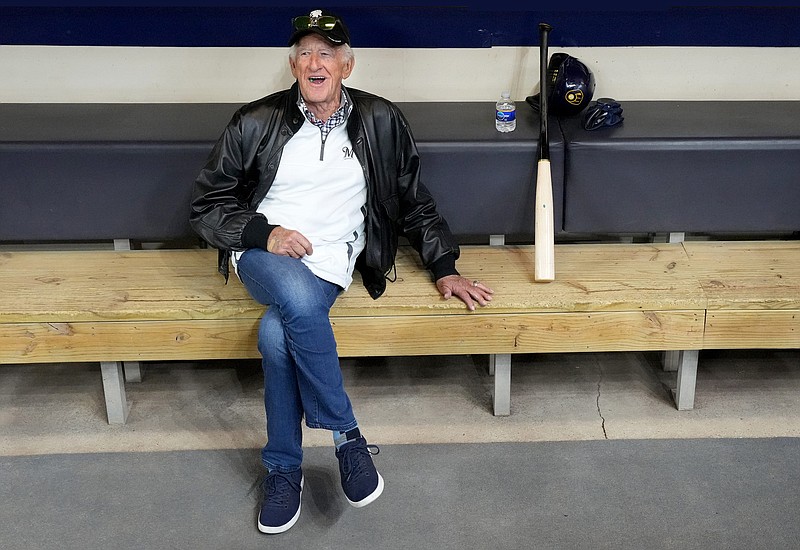 Milwaukee Brewers play-by-play announcer Bob Uecker sits in the dugout during a workout at American Family Field in Milwaukee on Wednesday, April 6, 2022. Uecker passed away early Thursday morning, Jan. 16, 2025 at his home at the age of 90.