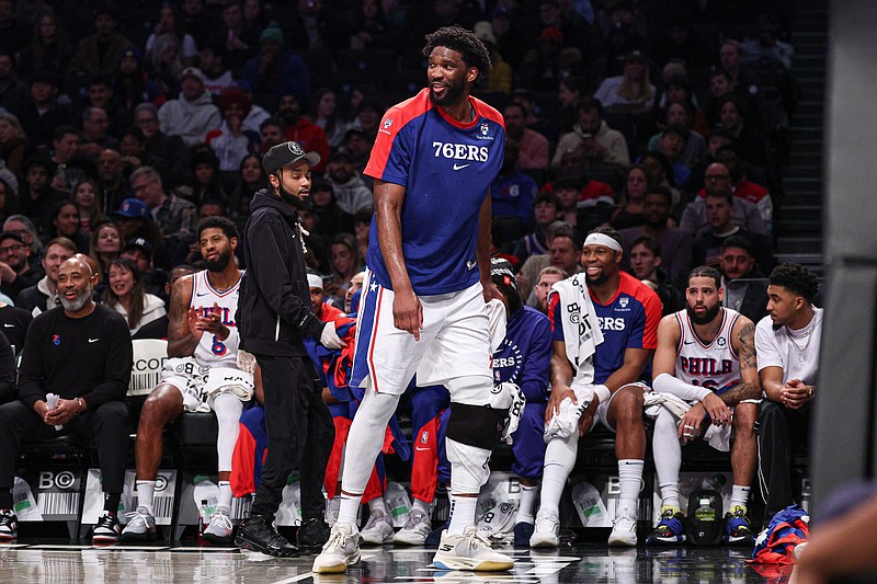 Jan 4, 2025; Brooklyn, New York, USA; Philadelphia 76ers center Joel Embiid (21) looks on during the first half against the Brooklyn Nets at Barclays Center. Mandatory Credit: Vincent Carchietta-Imagn Images