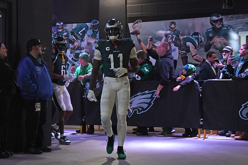 Jan 12, 2025; Philadelphia, Pennsylvania, USA; Philadelphia Eagles wide receiver A.J. Brown (11) in the tunnel before game against the Green Bay Packers in an NFC wild card game at Lincoln Financial Field. Mandatory Credit: Eric Hartline-Imagn Images