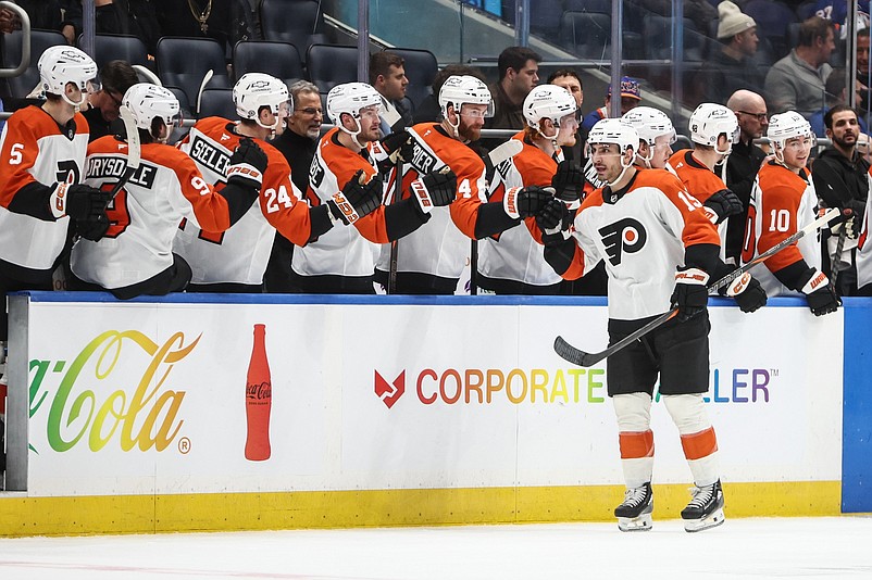 Jan 16, 2025; Elmont, New York, USA;  Philadelphia Flyers right wing Garnet Hathaway (19) celebrates after scoring a goal in the second period against the New York Islanders at UBS Arena. Mandatory Credit: Wendell Cruz-Imagn Images