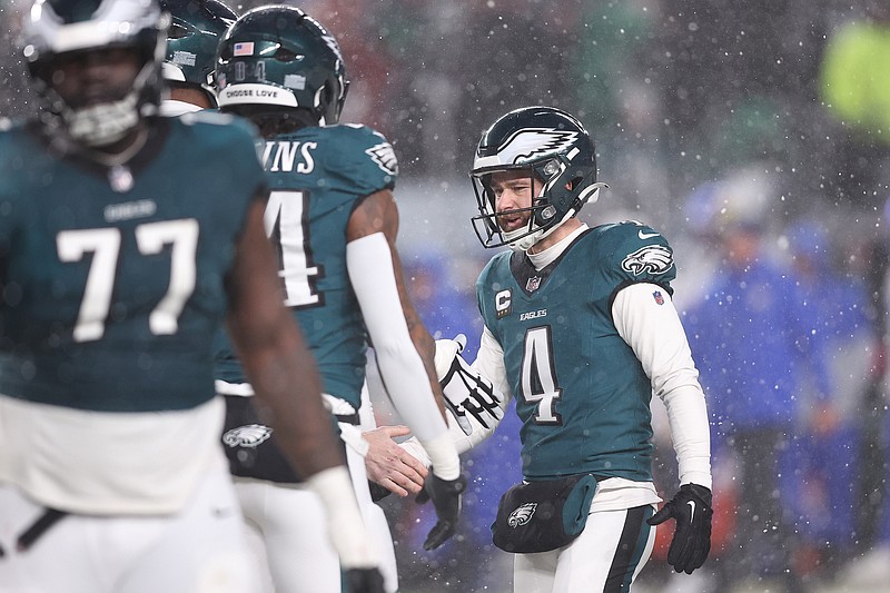 Jan 19, 2025; Philadelphia, Pennsylvania, USA; Philadelphia Eagles place kicker Jake Elliott (4) celebrates after kicking a field goal against the Los Angeles Rams in the third quarter in a 2025 NFC divisional round game at Lincoln Financial Field. Mandatory Credit: Bill Streicher-Imagn Images