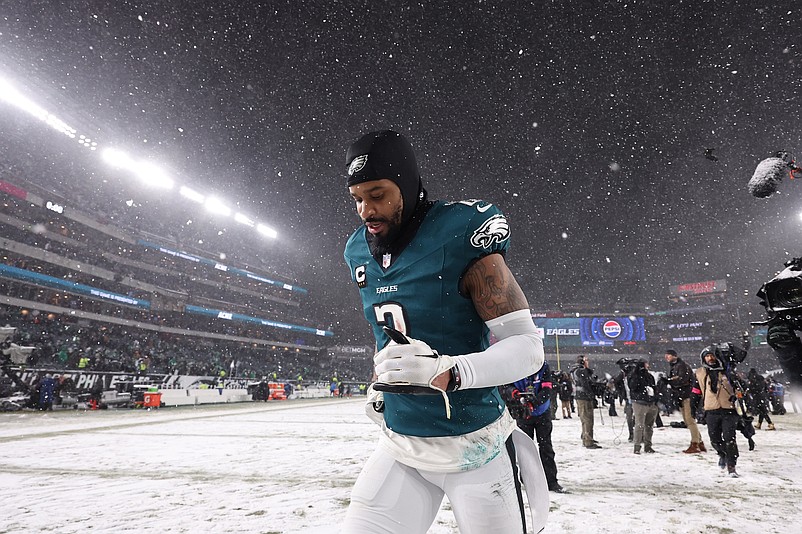 Jan 19, 2025; Philadelphia, Pennsylvania, USA; Philadelphia Eagles cornerback Darius Slay Jr. (2) runs off the field after defeating the Los Angeles Rams in a 2025 NFC divisional round game at Lincoln Financial Field. Mandatory Credit: Bill Streicher-Imagn Images