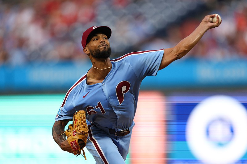 Aug 29, 2024; Philadelphia, Pennsylvania, USA; Philadelphia Phillies pitcher Cristopher Sanchez (61) throws a pitch during the first inning against the Atlanta Braves at Citizens Bank Park. Mandatory Credit: Bill Streicher-USA TODAY Sports