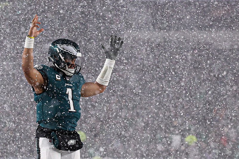 Jan 19, 2025; Philadelphia, Pennsylvania, USA; Philadelphia Eagles quarterback Jalen Hurts (1) reacts during the third quarter against the Los Angeles Rams in a 2025 NFC divisional round game at Lincoln Financial Field. Mandatory Credit: Bill Streicher-Imagn Images