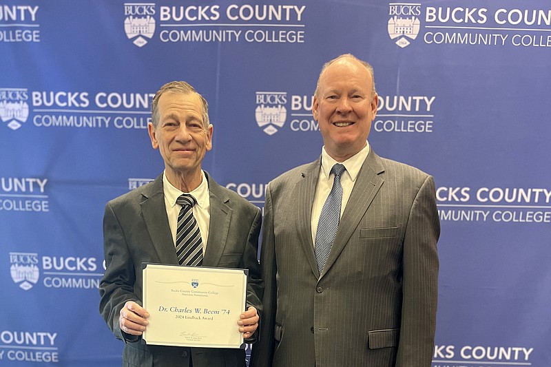 Bucks County Community College’s 2024 Lindback Distinguished Teaching Award honoree, Dr. Charles Beem, with BCCC President & CEO Patrick M. Jones. (Credit: BCCC)