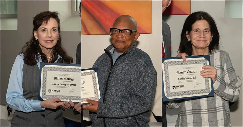 From left, Dr. Joanne Scorpio, Calvin Miller and Leslie Weinfeld. The trio were recognized for 30 years of service each to Manor College. (Credit: Manor College).