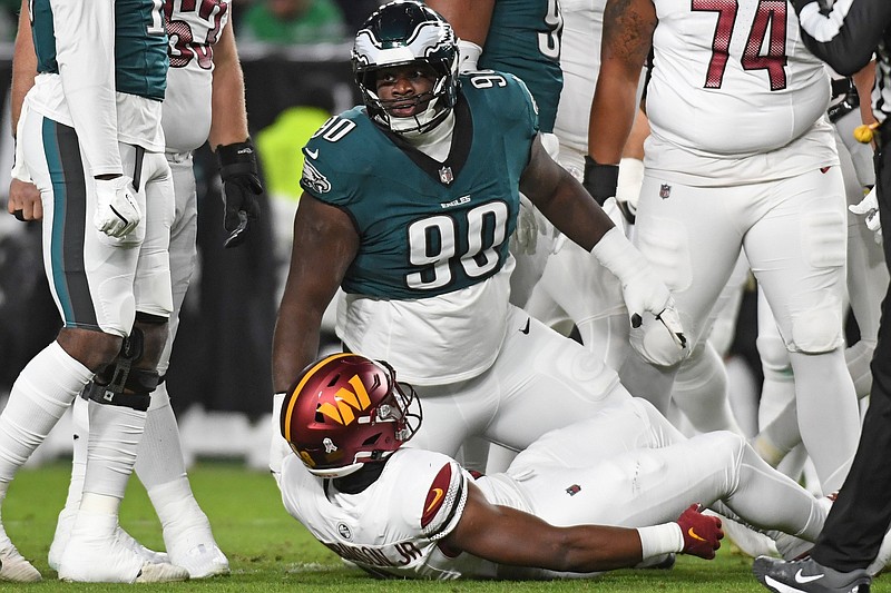 Nov 14, 2024; Philadelphia, Pennsylvania, USA; Philadelphia Eagles defensive tackle Jordan Davis (90) after making a tackle against the Washington Commanders at Lincoln Financial Field. Mandatory Credit: Eric Hartline-Imagn Images