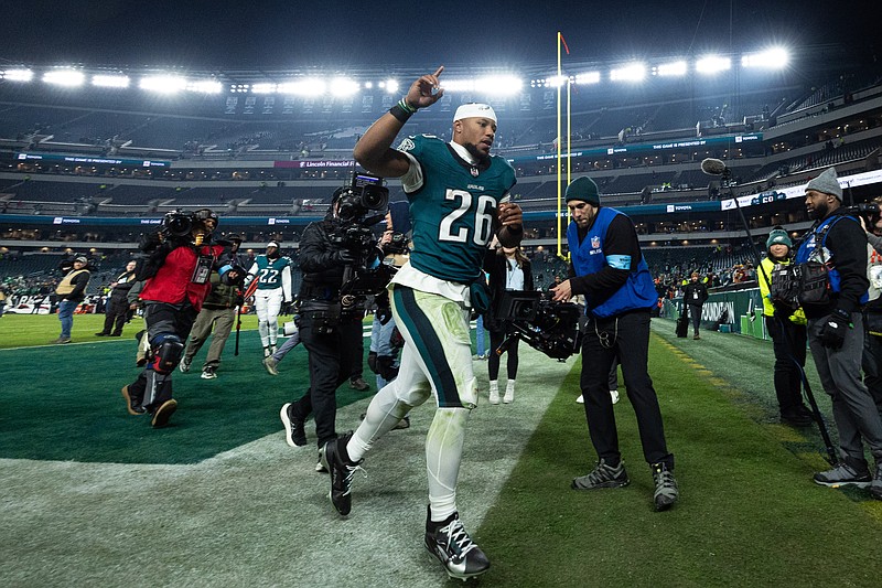 Nov 14, 2024; Philadelphia, Pennsylvania, USA; Philadelphia Eagles running back Saquon Barkley (26) runs off the field after a victory against the Washington Commanders at Lincoln Financial Field. Mandatory Credit: Bill Streicher-Imagn Images