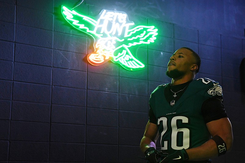 Jan 26, 2025; Philadelphia, PA, USA; Philadelphia Eagles running back Saquon Barkley (26) walks in the tunnel before the NFC Championship game at Lincoln Financial Field. Mandatory Credit: Eric Hartline-Imagn Images