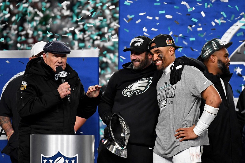 Jan 26, 2025; Philadelphia, PA, USA; Terry Bradshaw interviews Philadelphia Eagles head coach Nick Sirianni and quarterback Jalen Hurts (1) after winning the NFC Championship game against the Washington Commanders at Lincoln Financial Field. Mandatory Credit: Eric Hartline-Imagn Images