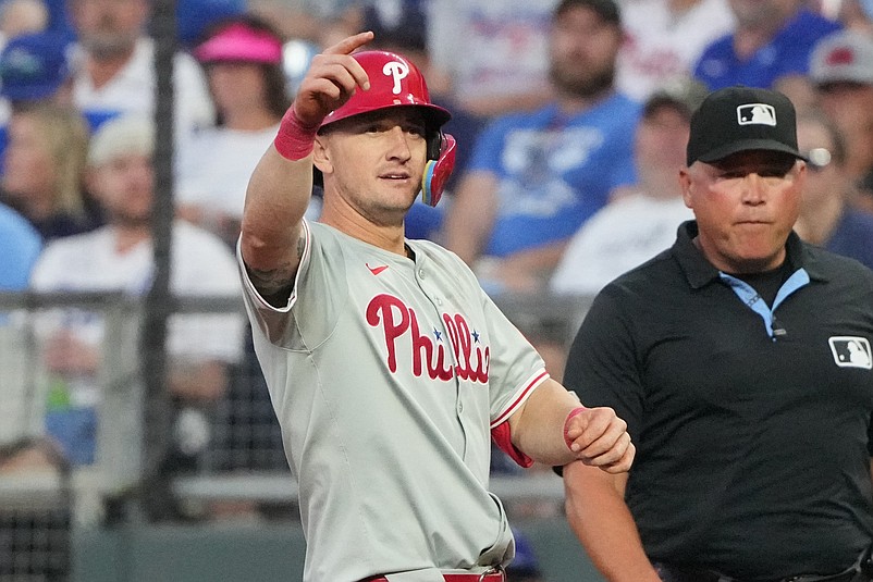 Aug 23, 2024; Kansas City, Missouri, USA; Philadelphia Phillies left fielder Austin Hays (9) celebrates after hitting a single against the Kansas City Royals in the third inning at Kauffman Stadium. Mandatory Credit: Denny Medley-USA TODAY Sports