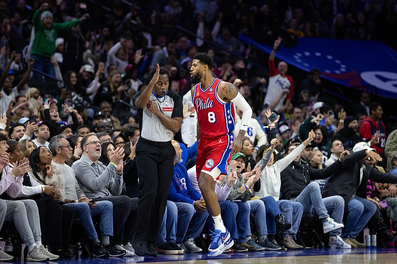 Jan 24, 2025; Philadelphia, Pennsylvania, USA; Philadelphia 76ers forward Paul George (8) reacts to his score against the Cleveland Cavaliers during the fourth quarter at Wells Fargo Center. Mandatory Credit: Bill Streicher-Imagn Images