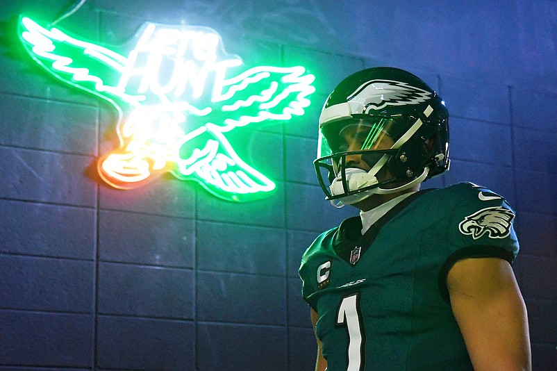 Jan 26, 2025; Philadelphia, PA, USA; Philadelphia Eagles quarterback Jalen Hurts (1) walks in the tunnel before the NFC Championship game at Lincoln Financial Field. Mandatory Credit: Eric Hartline-Imagn Images