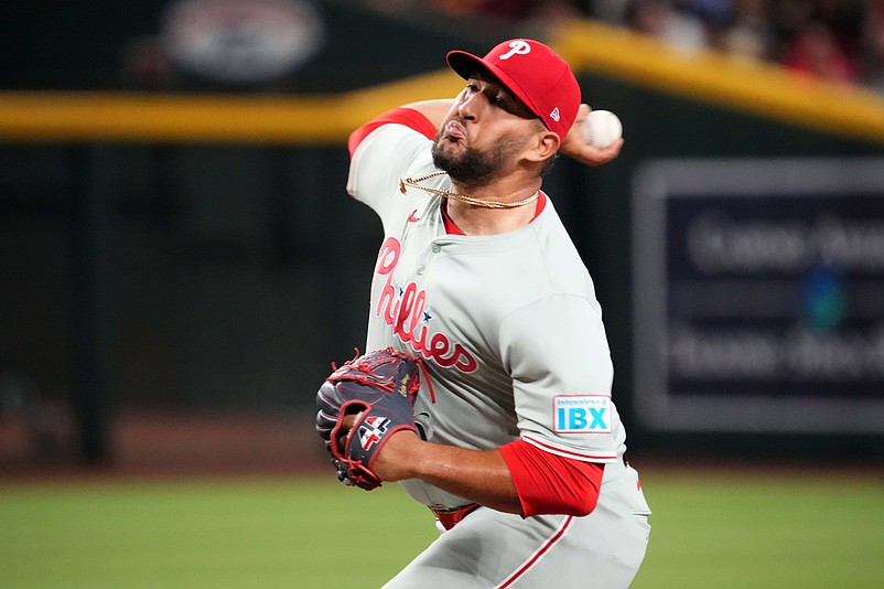 Aug 8, 2024; Phoenix, Arizona, USA; Philadelphia Phillies pitcher Carlos Estevez (53) pitches against the Arizona Diamondbacks at Chase Field. Mandatory Credit: Joe Camporeale-USA TODAY Sports