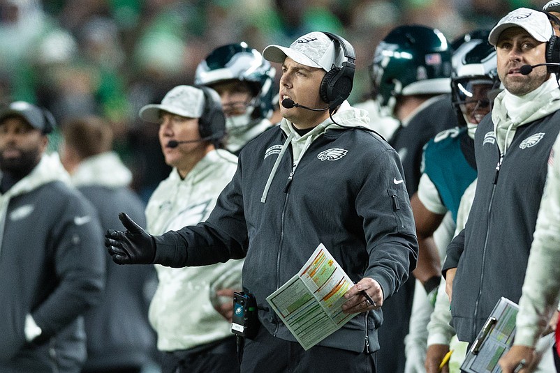 Nov 14, 2024; Philadelphia, Pennsylvania, USA; Philadelphia Eagles offensive coordinator Kellen Moore reacts during the third quarter of a game against the Washington Commanders at Lincoln Financial Field. Mandatory Credit: Bill Streicher-Imagn Images