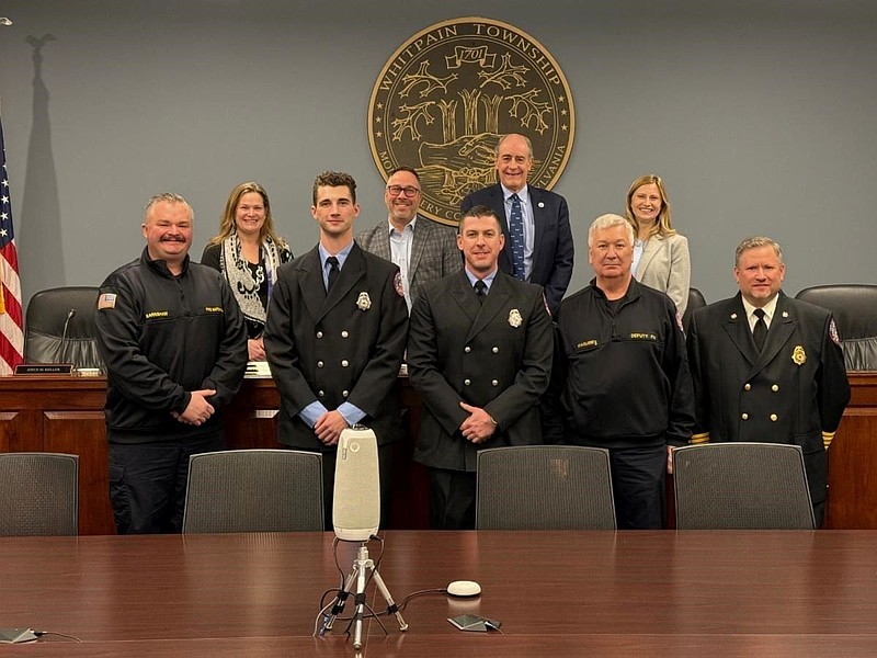 (Left to Right) First Row: Fire Marshal Michael Barnshaw, Firefighter Ryan Thomas, Firefighter Jim McFadden, Deputy Fire Marshal Matt Maguire, Centre Square Fire Chief Ted Fonash; Second Row: Supervisor Joyce Keller, Supervisor Jeff Campolongo, Board Chair Scott Badami, Vice Chair Kim Koch. (Credit: Whitpain Township).