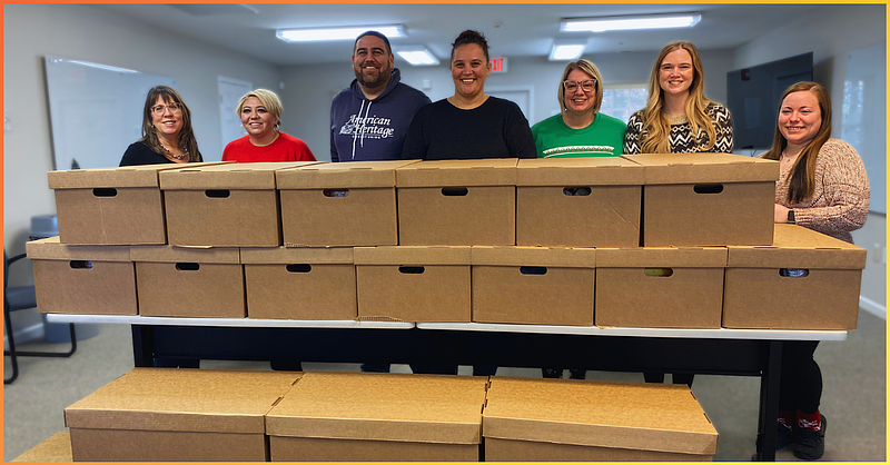 NOVA received a generous donation of 20 boxes filled with nonperishable food items and supermarket gift cards from American Heritage Federal Credit Union.  These items were collected as a part of the credit union’s 11th annual Spirit of Giving Food Drive that took place in December. Pictured (L to R) are: Jill Hammer, Executive Assistant, NOVA; Angela McGettigan, Senior Director of Operations and Community Engagement, NOVA; Joe Littman, Account Manager, American Heritage Federal Credit Union; Karen Matthews, Victim Advocate, NOVA; Sara Lipski, Marketing & Community Engagement Coordinator, NOVA; and Alyssa Kuryluk, Victim Advocate, NOVA. (Credit: NOVA Bucks County)