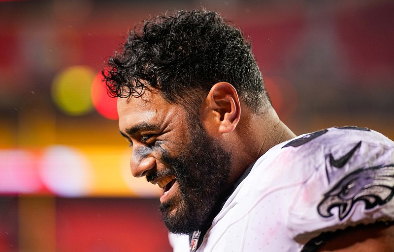 Nov 20, 2023; Kansas City, Missouri, USA; Philadelphia Eagles offensive tackle Jordan Mailata (68) leaves the field after defeating the Kansas City Chiefs at GEHA Field at Arrowhead Stadium. Mandatory Credit: Jay Biggerstaff-USA TODAY Sports