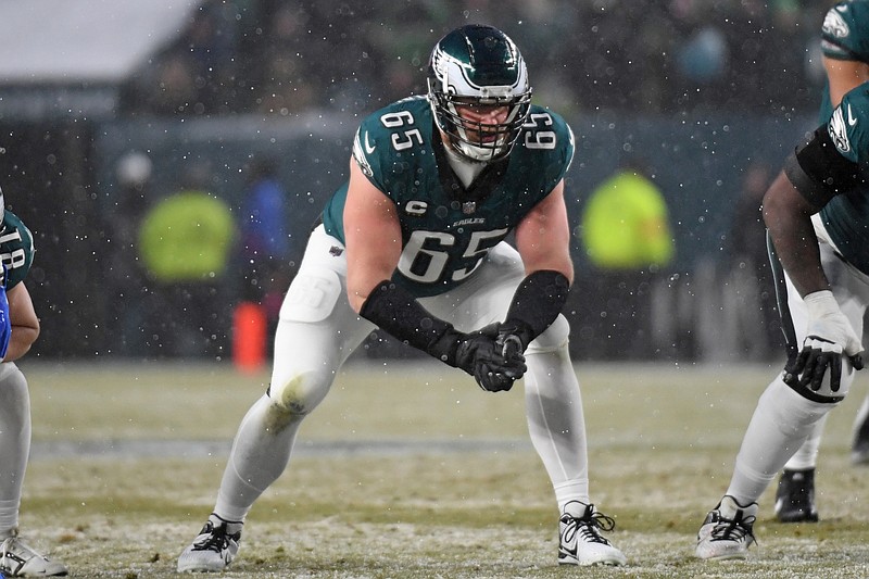 Jan 19, 2025; Philadelphia, Pennsylvania, USA; Philadelphia Eagles offensive tackle Lane Johnson (65) against the Los Angeles Rams in a 2025 NFC divisional round game at Lincoln Financial Field. Mandatory Credit: Eric Hartline-Imagn Images