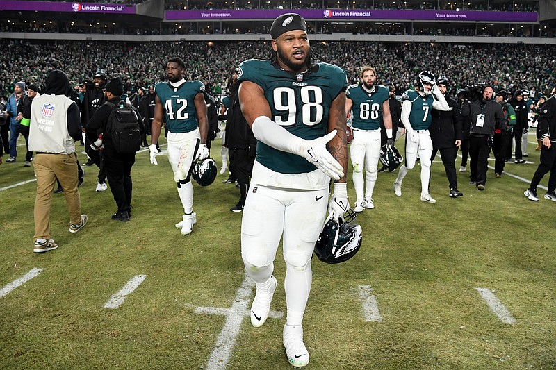 Jan 26, 2025; Philadelphia, PA, USA; Philadelphia Eagles defensive tackle Jalen Carter (98) on the field after defeating the Washington Commanders in the NFC Championship game at Lincoln Financial Field. Mandatory Credit: Eric Hartline-Imagn Images