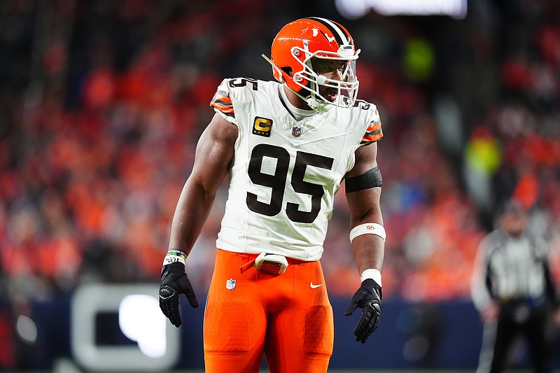 Dec 2, 2024; Denver, Colorado, USA; Cleveland Browns defensive end Myles Garrett (95) during the third quarter against the Denver Broncos at Empower Field at Mile High. Mandatory Credit: Ron Chenoy-Imagn Images