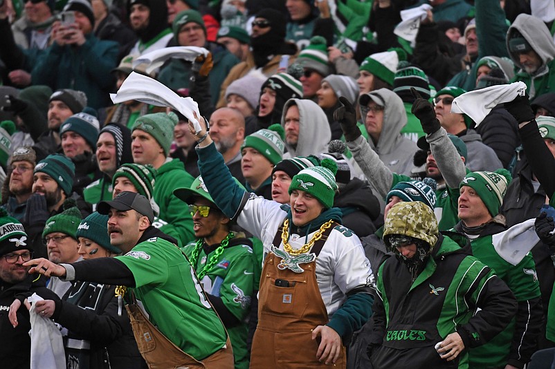 Jan 19, 2025; Philadelphia, Pennsylvania, USA; Philadelphia Eagles fans against the Los Angeles Rams in a 2025 NFC divisional round game at Lincoln Financial Field. Mandatory Credit: Eric Hartline-Imagn Images