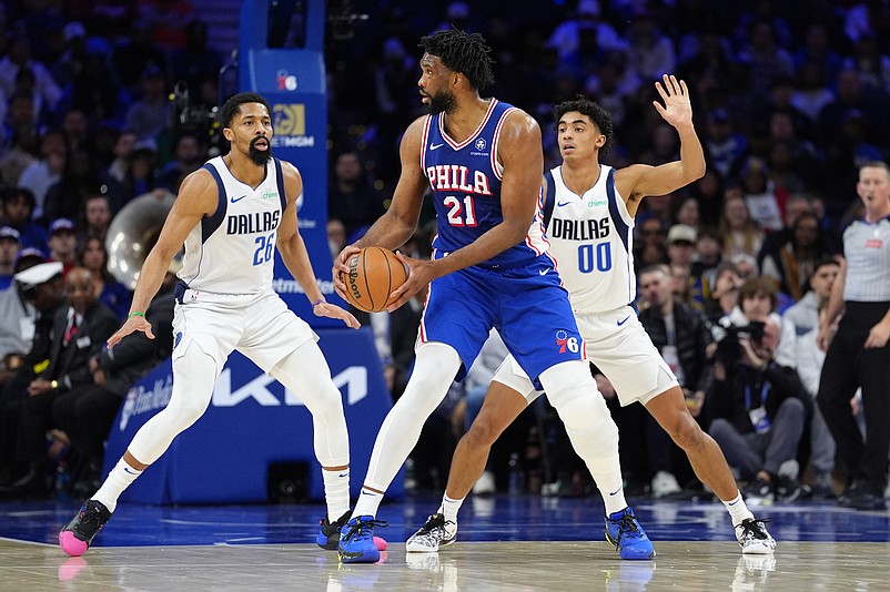 Feb 4, 2025; Philadelphia, Pennsylvania, USA; Philadelphia 76ers center Joel Embiid (21) controls the ball against Dallas Mavericks guard Spencer Dinwiddie (26) and guard Max Christie (00) in the second quarter at Wells Fargo Center. Mandatory Credit: Kyle Ross-Imagn Images