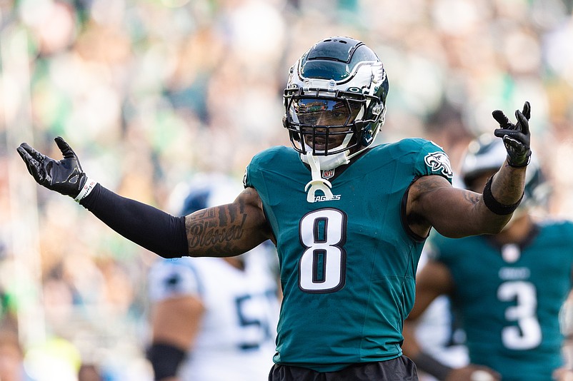 Dec 8, 2024; Philadelphia, Pennsylvania, USA;  Philadelphia Eagles safety C.J. Gardner-Johnson (8) reacts after a play against the Carolina Panthers at Lincoln Financial Field. Mandatory Credit: Bill Streicher-Imagn Images