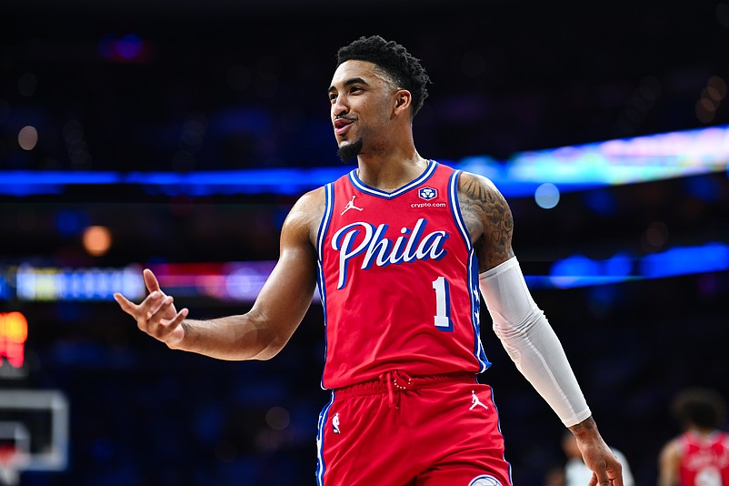 Dec 20, 2024; Philadelphia, Pennsylvania, USA; Philadelphia 76ers forward KJ Martin (1) reacts against the Charlotte Hornets in the first quarter at Wells Fargo Center. Mandatory Credit: Kyle Ross-Imagn Images