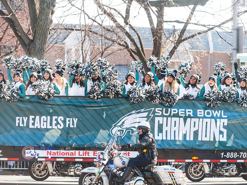 Feb 7, 2018; Philadelphia, NJ, USA; Eagles cheerleaders wave to fans while on their trip to the Art Museum during the Eagles Super Bowl Parade. Mandatory Credit: Justin Odendhal/Courier-Post via USA TODAY NETWORK