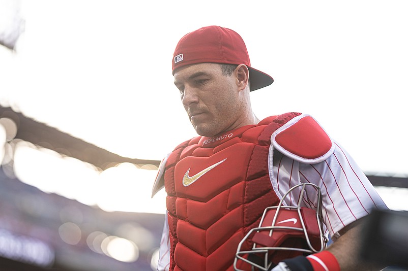 May 21, 2024; Philadelphia, Pennsylvania, USA; Philadelphia Phillies catcher J.T. Realmuto in a game against the Texas Rangers at Citizens Bank Park. Mandatory Credit: Bill Streicher-USA TODAY Sports