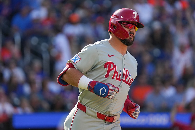 Sep 21, 2024; New York City, New York, USA; Philadelphia Phillies designated hitter Kyle Schwarber (12) rounds the bases after hitting a home run during the first inning against the New York Mets at Citi Field. Mandatory Credit: Lucas Boland-Imagn Images