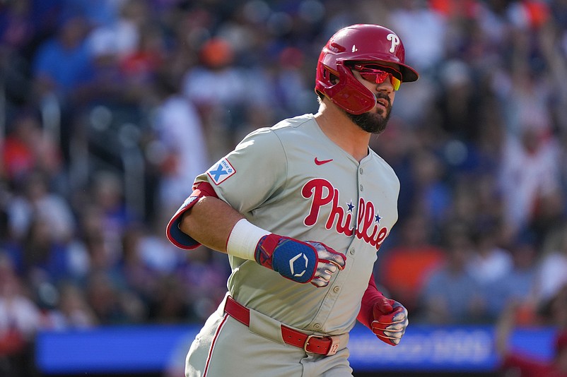 Sep 21, 2024; New York City, New York, USA; Philadelphia Phillies designated hitter Kyle Schwarber (12) rounds the bases after hitting a home run during the first inning against the New York Mets at Citi Field. Mandatory Credit: Lucas Boland-Imagn Images