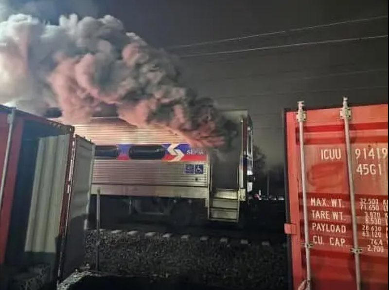 The SEPTA train that caught fire and was evacuated at the Crum Lynne train station in Ridley Park, Delaware County on Thursday. (Credit: Jake Chmielowski)