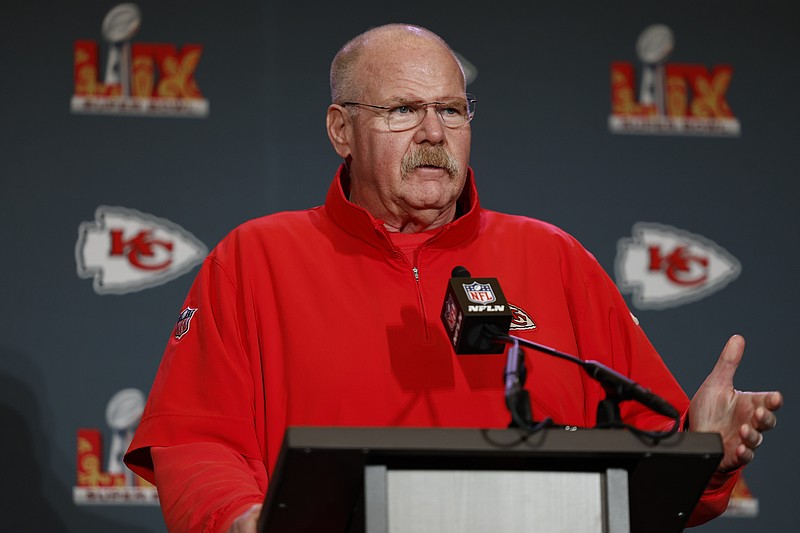 Feb 6, 2025; New Orleans, LA, USA;  Kansas City Chiefs head coach Andy Reid during a press conference in advance of Super Bowl LIX at New Orleans Marriott. Mandatory Credit: Stephen Lew-Imagn Images