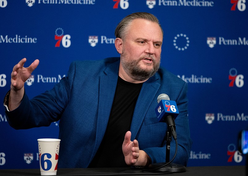 Dec 15, 2023; Philadelphia, Pennsylvania, USA; Philadelphia 76ers resident of Basketball Operations Daryl Morey speaks with the media before a game against the Detroit Pistons at Wells Fargo Center. Mandatory Credit: Bill Streicher-Imagn Images