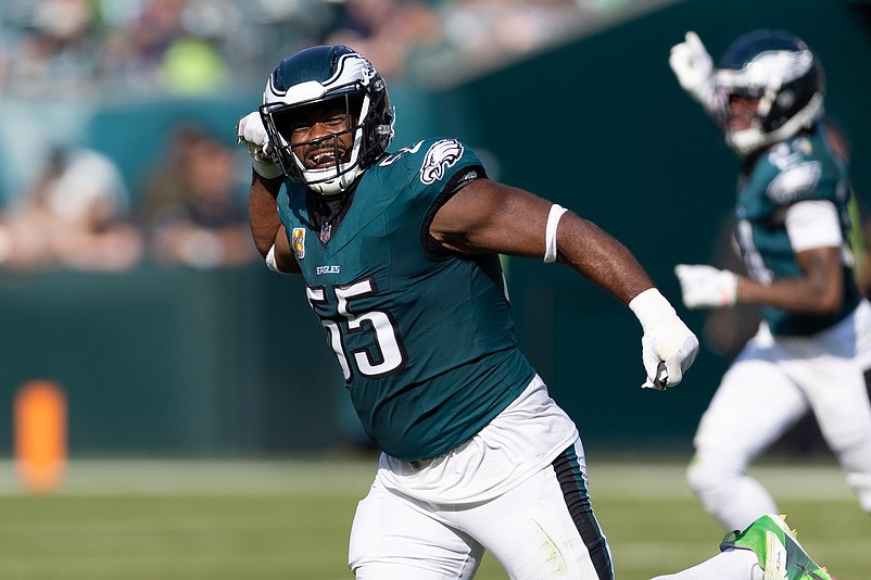 Oct 13, 2024; Philadelphia, Pennsylvania, USA; Philadelphia Eagles defensive end Brandon Graham (55) reacts after a Cleveland Browns blocked field attempt during the third quarter at Lincoln Financial Field. Mandatory Credit: Bill Streicher-Imagn Images