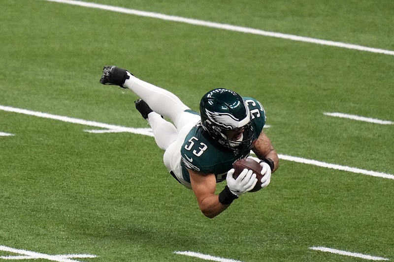 Feb 9, 2025; New Orleans, LA, USA; Philadelphia Eagles linebacker Zack Baun (53) makes an interception against Kansas City Chiefs quarterback Patrick Mahomes (not pictured) during the second quarter in Super Bowl LIX at Caesars Superdome. Mandatory Credit: Kirby Lee-Imagn Images