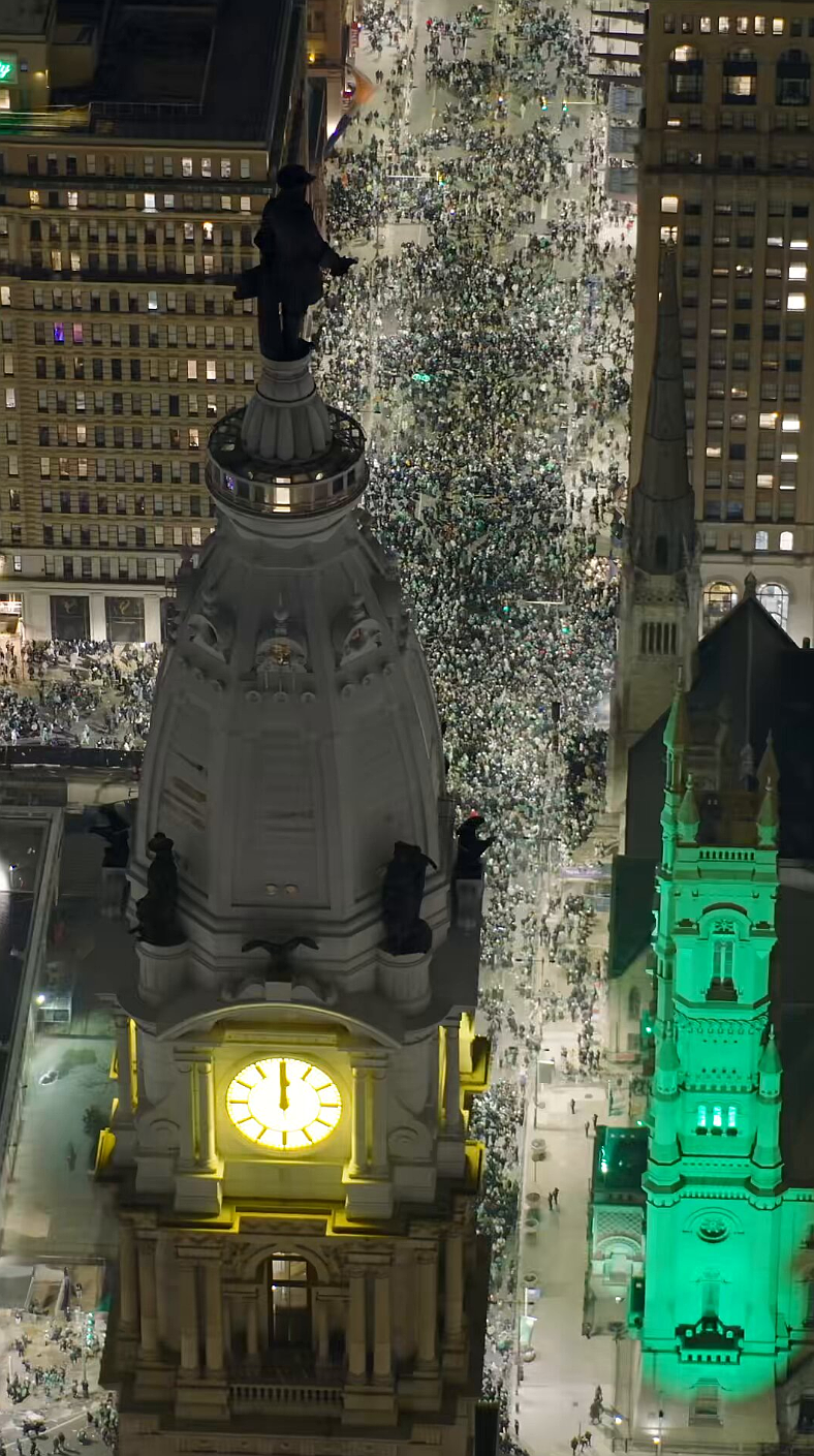 Eagles fans pour out onto Broad Street near City Hall after the Birds won the Super Bowl Sunday night. (Credit @BillyKyle on X)