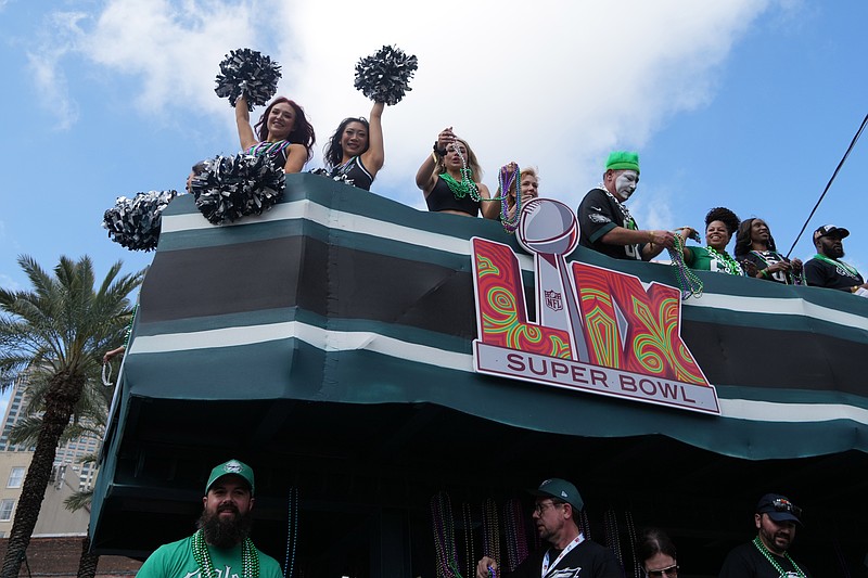 Feb 8, 2025; New Orleans, LA, USA; The Philadelphia Eagles cheerleaders during the Super Bowl LIX  Host Committee Parade. Mandatory Credit: Kirby Lee-Imagn Images