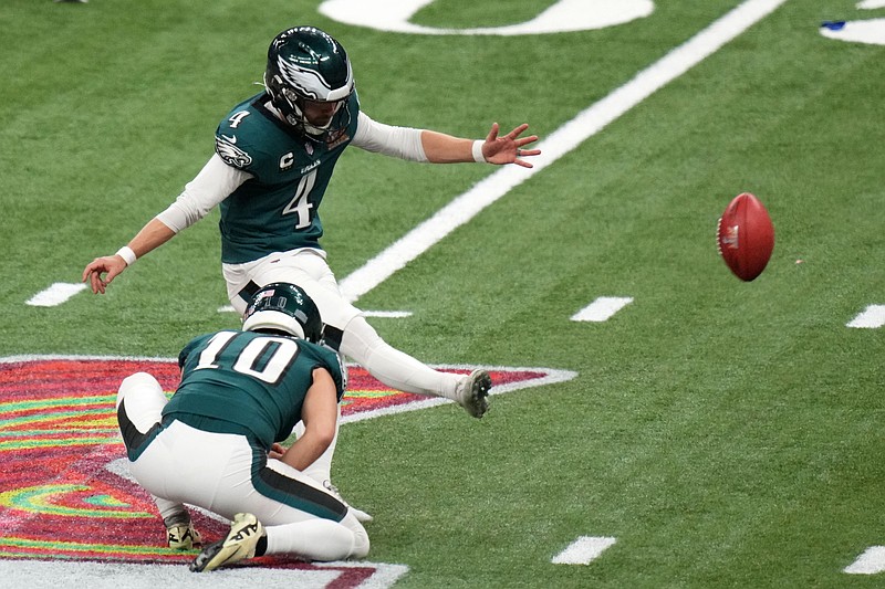 Feb 9, 2025; New Orleans, LA, USA; Philadelphia Eagles place kicker Jake Elliott (4) kicks a field goal against the Kansas City Chiefs during the third quarter in Super Bowl LIX  at Caesars Superdome. Mandatory Credit: Kirby Lee-Imagn Images