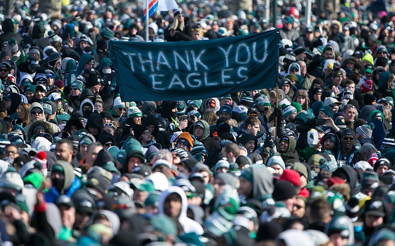 Feb 8, 2018; Philadelphia , PA, USA; Thousands gather around the Rocky steps of the Philadelphia Museum of Art as the Super Bowl LII Champions Philadelphia Eagles parade down Broad Street ending at the art museum in Philadelphia.  Mandatory Credit: Suchat Pederson/The News Journal via USA TODAY NETWORK