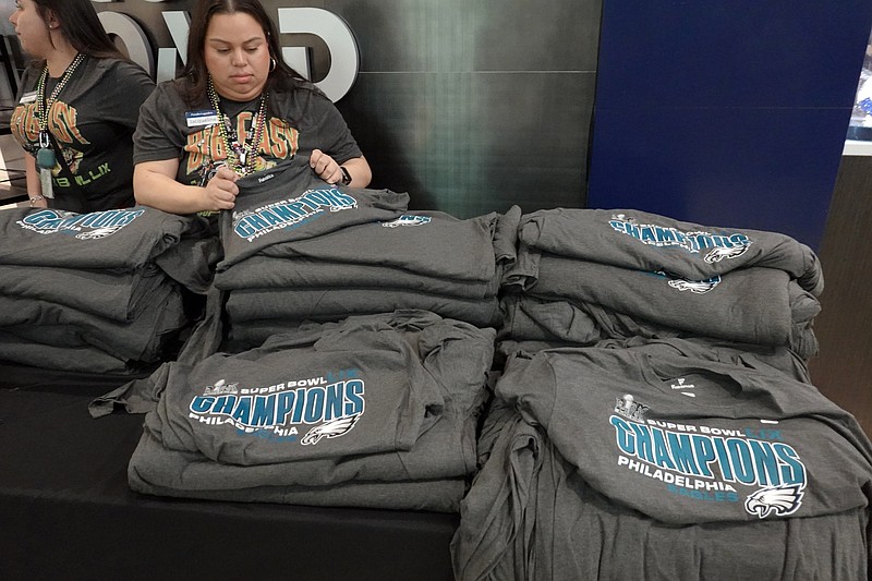 Feb 10, 2025; New Orleans, LA, USA; Philadelphia Eagles Super Bowl LIX shirts at The Scoreboard store at the Louis Armstrong International Airport. Mandatory Credit: Kirby Lee-Imagn Images