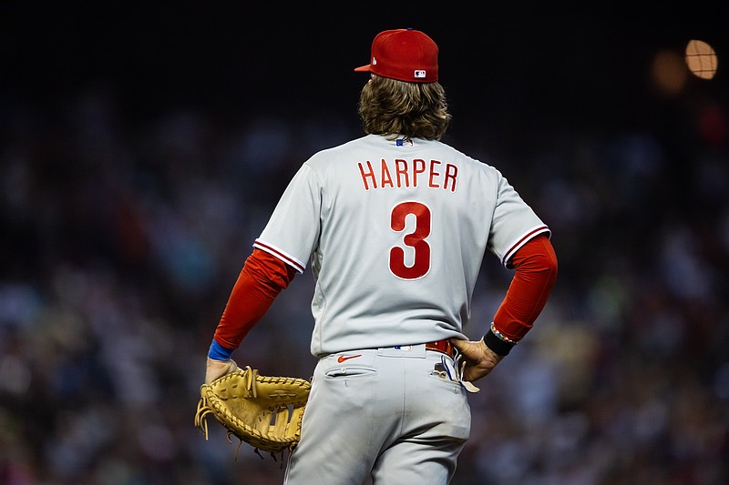 Oct 19, 2023; Phoenix, Arizona, USA; Detailed view of the jersey of Philadelphia Phillies first baseman Bryce Harper (3) during game three of the NLCS for the 2023 MLB playoffs against the Arizona Diamondbacks at Chase Field. Mandatory Credit: Mark J. Rebilas-USA TODAY Sports