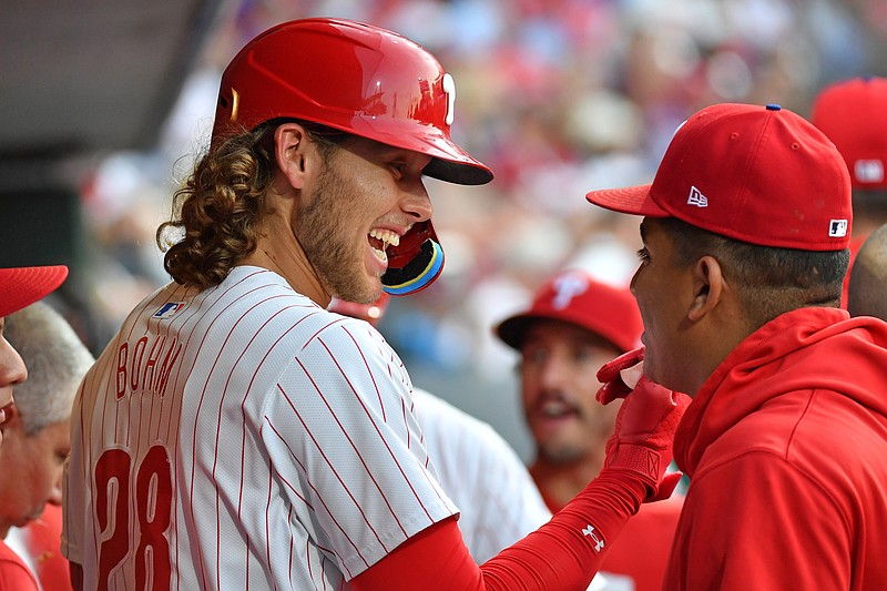 Jun 17, 2024; Philadelphia, Pennsylvania, USA; Philadelphia Phillies third base Alec Bohm (28) celebrates his home run in the dugout during the fifth inning against the San Diego Padres at Citizens Bank Park. Mandatory Credit: Eric Hartline-USA TODAY Sports