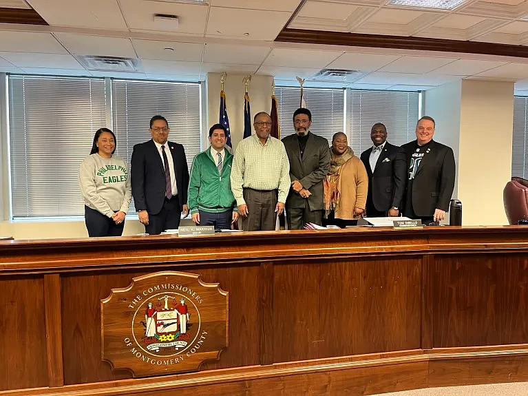 Montgomery County Commissioners and National Association for the Advancement of Colored People branch presidents pose for a photo during a Feb. 6, 2025 Montgomery County Board of Commissioners meeting in Norristown.