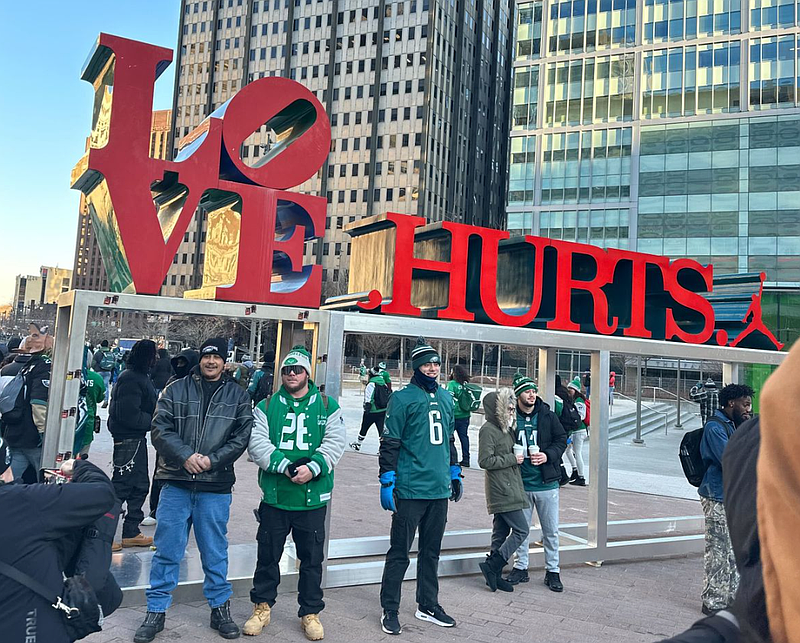 Eagles fans mad a modification to the Love statue. (Credit: Emily Montgomery, via Fox 29)