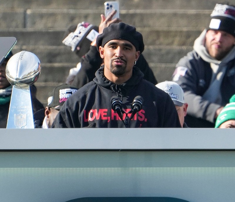 Eagles quarterback Jalen Hurts speaks during the Philadelphia Eagles Super Bowl celebration in front of the Philadelphia Museum of Art, Friday, Feb. 14, 2025.