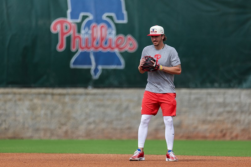 Feb 16, 2025; Clearwater, FL, USA; Philadelphia Phillies second base Bryson Stott (5) participates in spring training workouts at BayCare Ballpark. Mandatory Credit: Nathan Ray Seebeck-Imagn Images