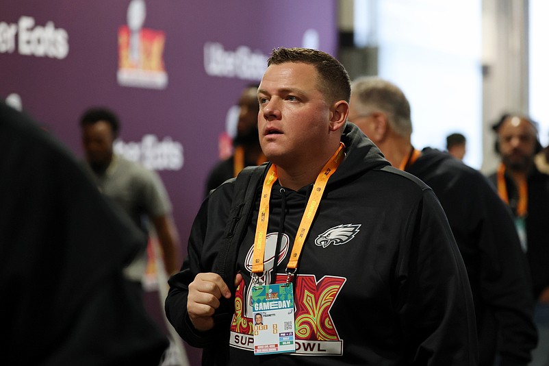 Feb 9, 2025; New Orleans, LA, USA; Philadelphia Eagles run game specialist T.J. Paganetti arrives before Super Bowl LIX at Caesars Superdome. Mandatory Credit: Stephen Lew-Imagn Images